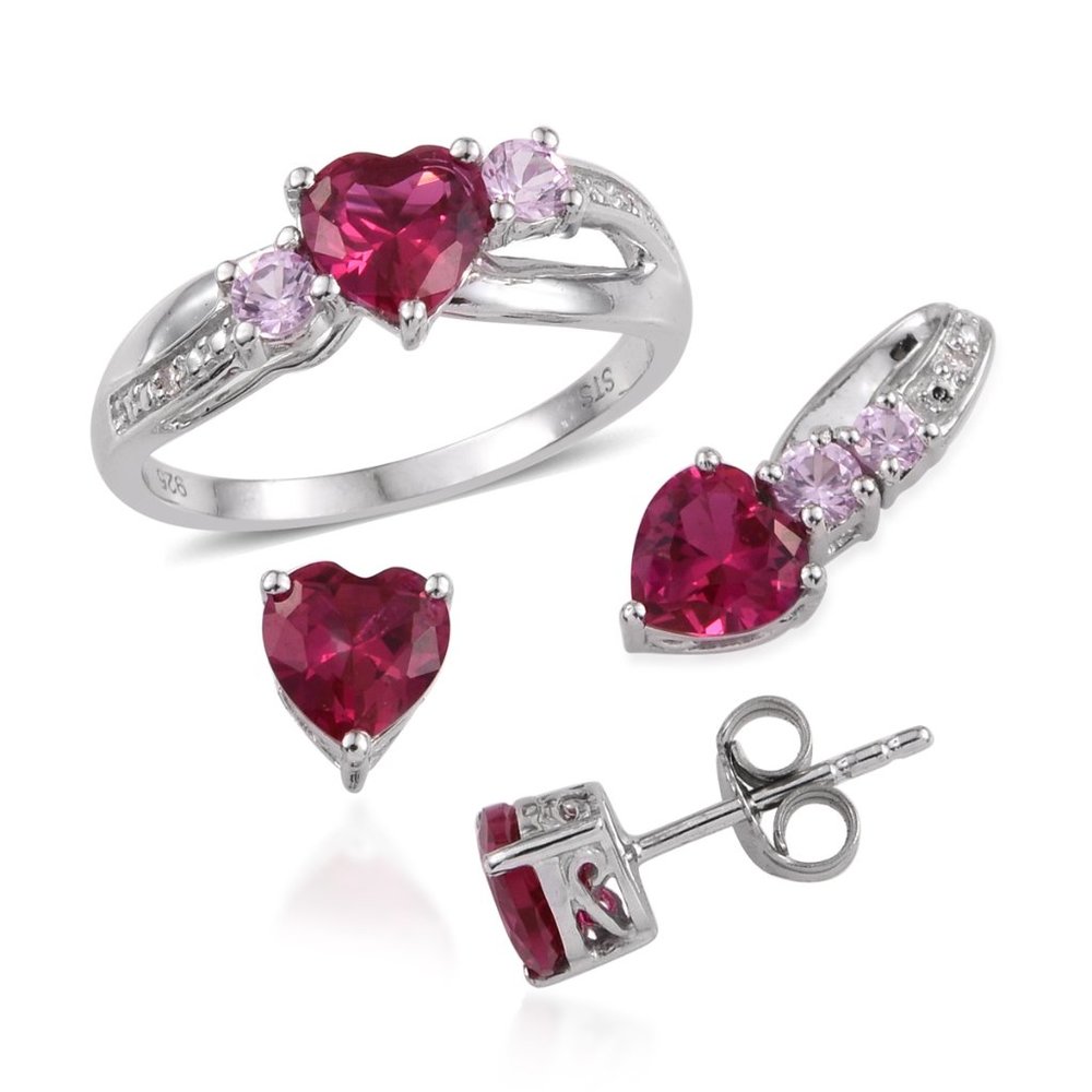 Created Ruby Earrings Pendant & Ring sz 7 in 925 Sterling Silver